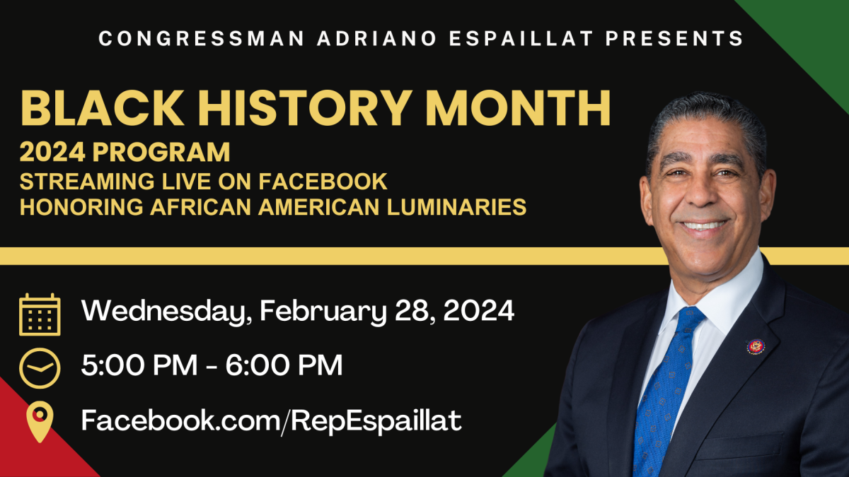 Black History Month Program graphic with a picture of Congressman Adriano Espaillat and event details