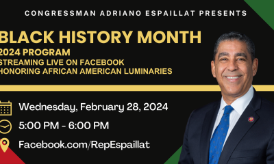 Black History Month Program graphic with a picture of Congressman Adriano Espaillat and event details